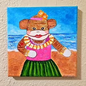 Original Art/ Acrylic Canvas/ 8in x8in/ Sock Monkey Hula